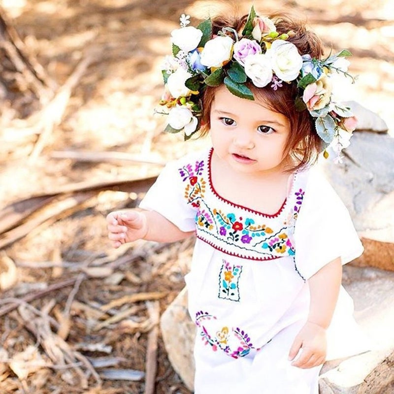 Kashoer Newborn Toddler Baby Girls Ethnic Embroidery Floral Dress Long Sleeve Party Sundress Skirt (18-24Months, White) - Image 2